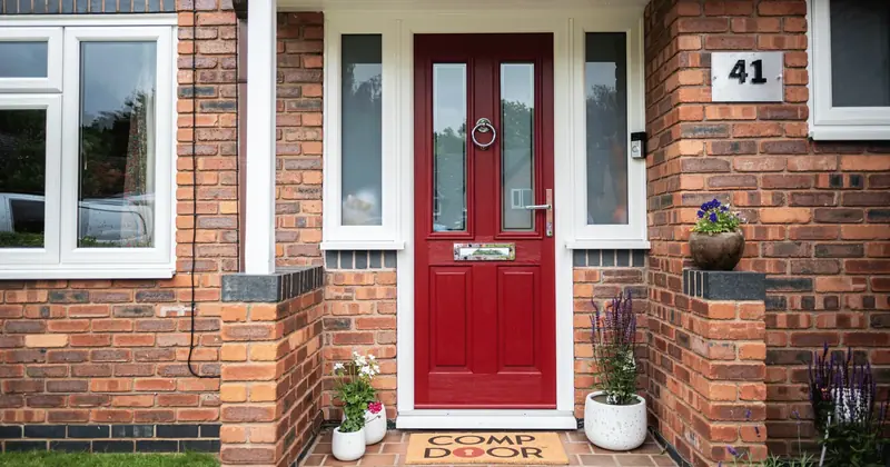 A red front door on a brick house